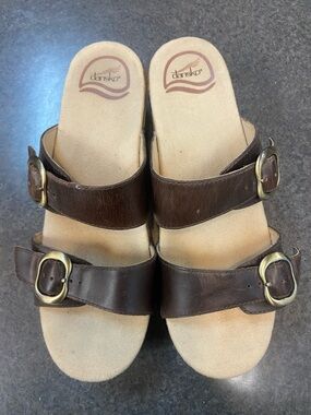 Dansko Brown Leather Double Strap Buckle Mules